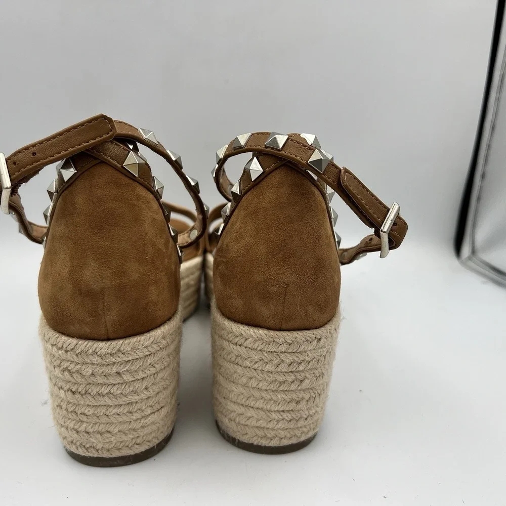Marc Fisher Jazlyn Espadrille Wedge Sandals Studded Brown Tan Suede Women's 7M
